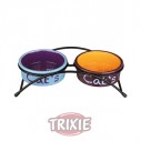 Trixie Set comederos cerámicos impresos, 2x0,3l color azul/narajan/purpura para gatos